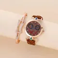 Rose gold watch and bracelet set with brown joker dial and leather band on display - Watch And Bracelet / Brown