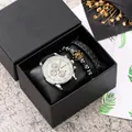 Men's gift set featuring a Geneva watch with white dial and two black beaded bracelets - Silver Case White Dial Black Bracelet With Storage Case