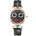Women's black leather watch with rose gold case, Joker smiley face dial and rhinestones - Watch (290) / Black