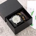 Men's gift set featuring a Geneva watch and beaded bracelets in a textured black box - Silver Case White Dial Brown Bracelet With Storage Case