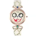 Detail view of clown face dial with crystal accents and white snakeskin pattern leather strap - Watch (290) / White