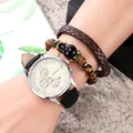 Detail of Geneva quartz watch with leather strap and crown bead bracelet set for men - Silver Case White Dial Combined With Brown Bracelet