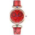 Close-up of red leather watch with rose gold owl dial and sparkling rhinestone markers - Watch (290) / Red