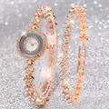 Orologio al quarzo in oro rosa e set di bracciali con strass e quadrante bianco - Orologio E Bracciale / Oro rosa