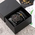 Detailed close-up of Geneva men's watch set with beaded and leather bracelets in a gift box - Rose Gold Needle Black Dial Black Bracelet With Storage Case