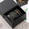 Men's Geneva gift set featuring black calendar watch, beaded crown bracelet and leather bangle - Gold Needle Black Dial Black Bracelet With Storage Case