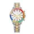 Luxus Quarzuhr mit Regenbogen-Lünette und vereistem, zweifarbigem Edelstahlarmband - Bicolor Gold Weißes Zifferblatt