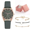 Set orologio floreale da donna oro rosa con cinturino in pelle verde e gioielli coordinati - Orologio Bracciale e Scatola / Verde