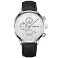 Detail of Geneva men's watch with white dial, date window, and black leather strap - Silver Case White Dial Watch