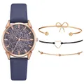 Dettaglio dell'orologio al quarzo oro rosa con quadrante floreale e tre bracciali abbinati - Orologio con Bracciale / Blu