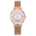 Women's rose gold quartz watch with mesh magnet strap and rhinestone marble dial - Rose Gold