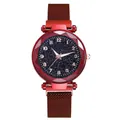 Women's magnetic starry sky watch with red milanese mesh band and diamond-cut glass - Red