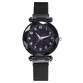 Women's magnetic mesh watch with starry blue dial and rose gold Arabic numerals - Black