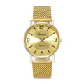 Close-up of golden sunray dial with numeral indices and Milanese mesh steel strap - Gold