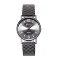 Close-up of Geneva quartz watch with dark grey sunray dial and mesh metal strap - Black
