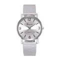 Close-up of Geneva silver mesh watch featuring a polished quartz dial and Arabic numerals - Silver