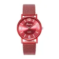 Detailed view of red quartz watch with sunray dial and mesh strap by Geneva - Red