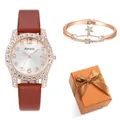 Coffret montre quartz femme étoile avec bracelet étoile en or rose et boîte cadeau - Montre et Bracelet Brun Foncé avec Boîte Orange