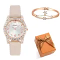 Casual quartz watch set with star motif, crystal bracelet and gift box for women - Beige Watch and Bracelet with Orange Box