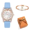 Détail du coffret montre à quartz Amadi avec lunette strass et bracelet étoile avec boîte - Montre et Bracelet Bleu Ciel avec Boîte Orange