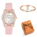 Montre en cuir rose à lunette de cristal avec bracelet étoile en coffret cadeau - Montre et Bracelet Roses avec Boîte Orange