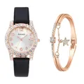 Gros plan sur la montre à quartz Amadi avec bracelet étoile et lunette en cristal - Montre Noire + Bracelet