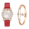 Détail montre bracelet rouge avec lunette en strass et bracelet étoile or rose - Montre Rouge + Bracelet