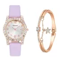 Détail de la montre en cuir violet avec lunette en strass et coffret bracelet étoile - Montre et Bracelet Violet