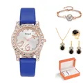 Set orologio da donna con cinturino in pelle blu, lunetta di strass e gioielli abbinati - Con Confezione Regalo / Blu
