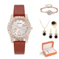 Set orologio e gioielli da donna con cinturino in pelle marrone e dettagli in oro rosa - Con Confezione Regalo / Marrone scuro