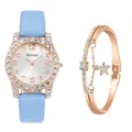 Détail d'une montre à quartz bleu clair sertie de strass avec son bracelet étoile or rose - Montre et Bracelet Bleu Ciel