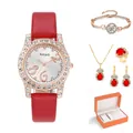 Women's watch jewelry set with red leather strap and sparkling crystal accessories - With Gift Box / Red