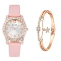 Coffret montre en cuir rose et bracelet étoile en or rose avec strass brillants - Montre et Bracelet Roses