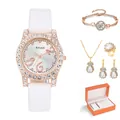 Detail view of women watch and jewelry set with water drop pendants in a gift box - With Gift Box / White