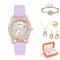 Dettaglio dell'orologio al quarzo con collana, orecchini e anello abbinati in scatola regalo - Con Confezione Regalo / Violetto