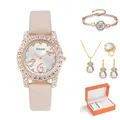 Close-up of elegant rose gold watch with pink strap and matching jewelry set in gift box - With Gift Box / Off White