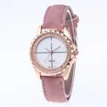 Elegant women's quartz watch with pink suede strap and rhinestone-set rose gold case - Pink