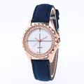 Women's quartz watch with rose gold diamond bezel and dark blue matte leather strap - Blue