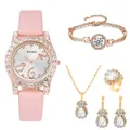 Set dettagliato orologio in pelle rosa con collana, bracciale, orecchini e anello oro rosa - Senza Confezione Regalo / Rosa