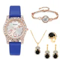 Dettaglio dell'orologio blu con cinturino in pelle e set di gioielli a goccia neri oro rosa - Senza Confezione Regalo / Blu