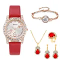 Set gioielli 5 pezzi con orologio in pelle rossa e collane e anelli in oro rosa - Senza Confezione Regalo / Rosso