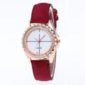 Detailed macro view of crystal-encrusted rose gold bezel and burgundy suede watch strap - Red