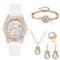 Set di 5 gioielli con orologio in cinturino di pelle bianca e accessori in cristallo - Senza Confezione Regalo / Bianco