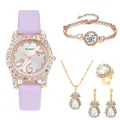 Set dettagliato con orologio in oro rosa, cinturino lilla e gioielli decorati con strass - Senza Confezione Regalo / Violetto