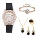 Elegante set di gioielli da 5 pezzi con orologio in pelle nera e pietre a goccia - Senza Confezione Regalo / Nero