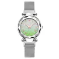 Women's quartz watch with silver magnetic mesh band and green gradient dial face - Silver