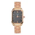Close-up van vierkant roségoud quartzhorloge met grijze geborstelde wijzerplaat en Romeinse cijfers - Zwart