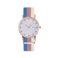 Women's rose gold quartz watch with a floral dial and rainbow striped canvas strap - Blue
