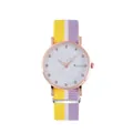 Detail of rose gold quartz watch with floral dial and tricolor nylon striped strap - Yellow