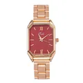 Detail van een roségouden rechthoekig horloge met donkerrode wijzerplaat en Romeinse cijfers - Rood